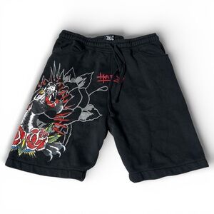 Ed Hardy Graphic Sweat Shorts Size Small Y2K Tattoo Rose Script Shorts